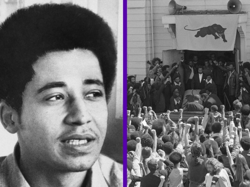 Split-screen image: (Left) Photo of George Jackson published on August 24, 1971, three days after Jackson was shot and killed by a prison guard at San Quentin Prison. Photo by Bettman via Getty Images. (Right) Mourners give the Black Panther salute as the casket of George Jackson is carried from St. Augustine's Church in Oakland, California on August 28, 1971. Photo by Bettman via Getty Images