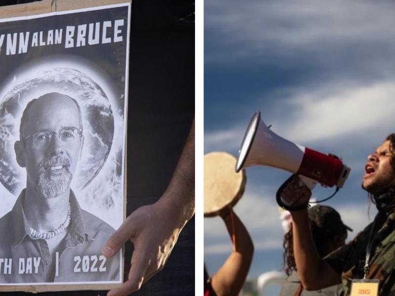 A person holds a sign during a vigil at the Supreme Court building in Washington, D.C. on April 29, 2022, for environmental activist Wynn Alan Bruce, who self-immolated at the Supreme Court the week prior to bring attention to the climate crisis. Photo by Bryan Olin Dozier/NurPhoto via Reuters. On the right: Northern Arapaho Two-spirit person, Big Wind, chants into a megaphone to a crowd at a water protectors demonstration at the Two Inlets pump station near Park Rapids, Minnesota, on June 8, 2021. Photo credit: The Ginew Collective.
