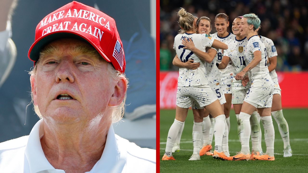 (Left) Former President Donald J. Trump at the first tee during the final round of LIV Golf Bedminster on August 13, 2023. Photo by Rich Graessle/Icon Sportswire via Getty Images. (Right) Kristie Mewis of USA celebrates scoring her penalty with teammates during the FIFA Women's World Cup Australia & New Zealand 2023. Photo by Joe Prior/Visionhaus via Getty Images.