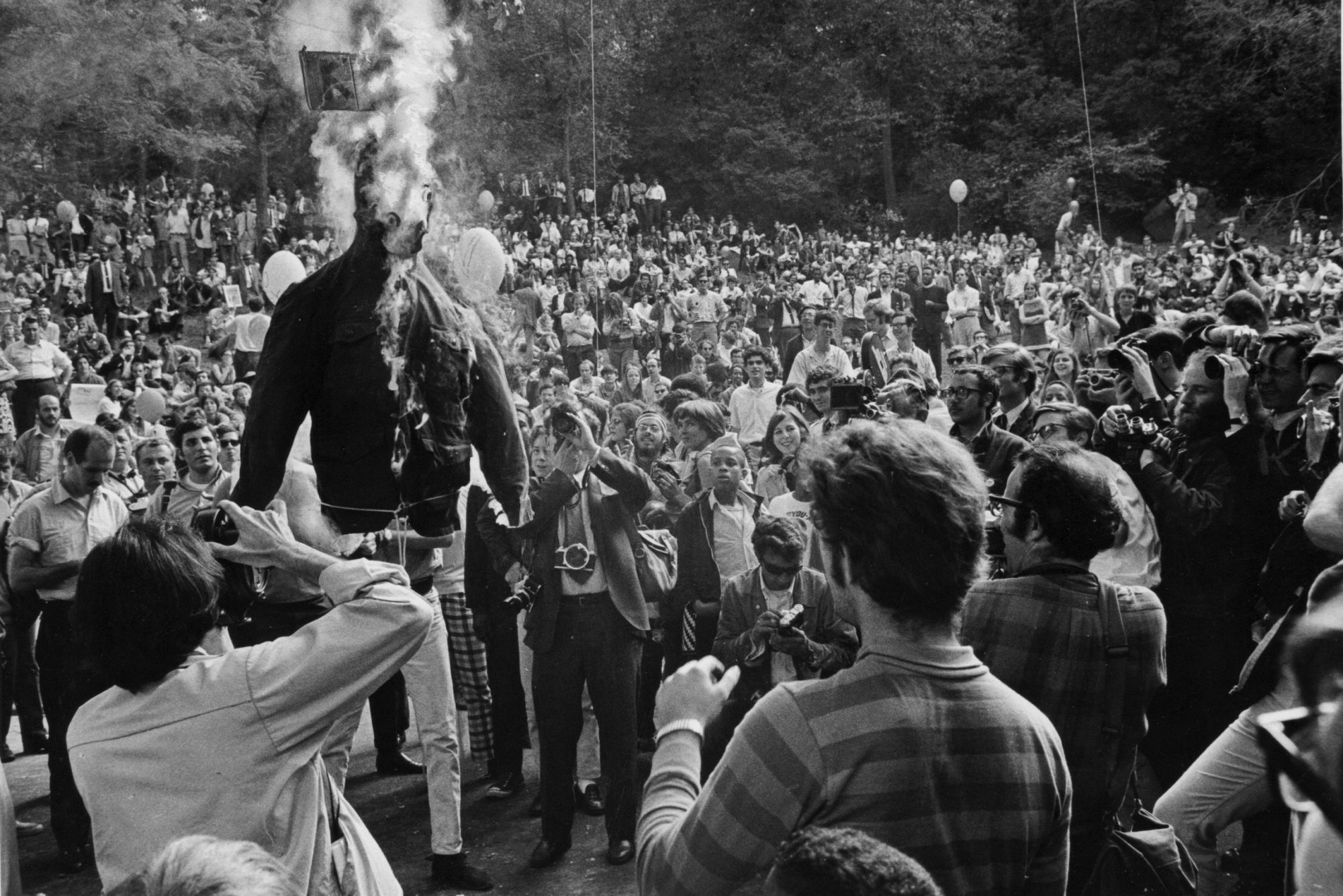 Students burn an effigy of Columbia University's president Grayson Kirk at a protest rally in Morningside Park in Manhattan on June 4, 1968. Photo by Don Jacobsen/Newsday RM via Getty Images