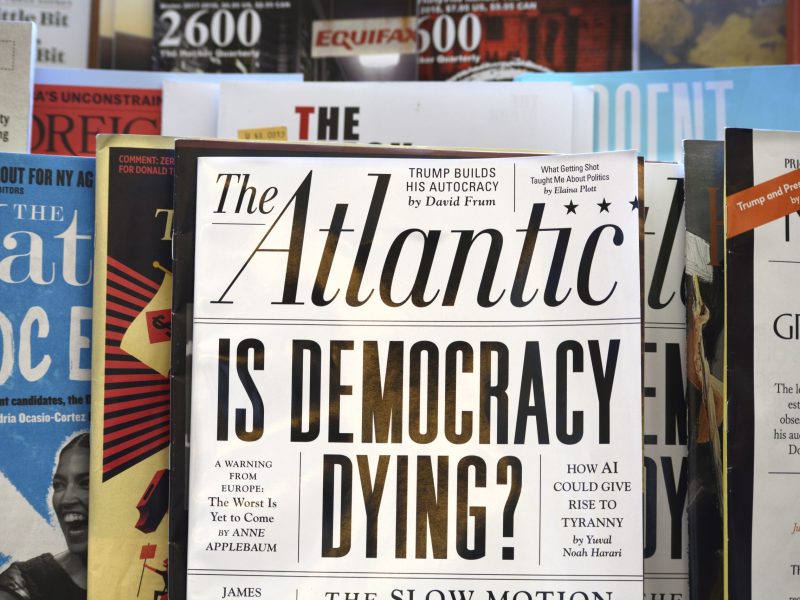 A rack of magazines, including The Atlantic, on display in a bookstore in San Francisco, California.
