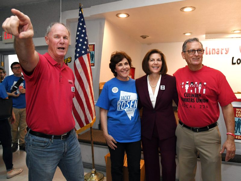 UNITE HERE President D. Taylor, US Rep. and US Senate candidate Jacky Rosen (D-NV), US Sen. Catherine Cortez Masto (D-NV) and Culinary Workers Union Local 226 President Ted Pappageorge attend a rally with union members at a canvass launch at the Culinary Workers Union Hall Local 226 on November 5, 2018, in Las Vegas, Nevada. Rosen is trying to unseat Republican Dean Heller in a tight Senate race.