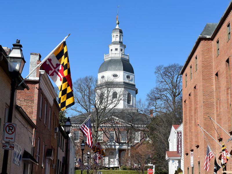 A general view of the Maryland State House prior to the opening of the Maryland General Assembly in Annapolis, Maryland, on Jan. 13, 2021.