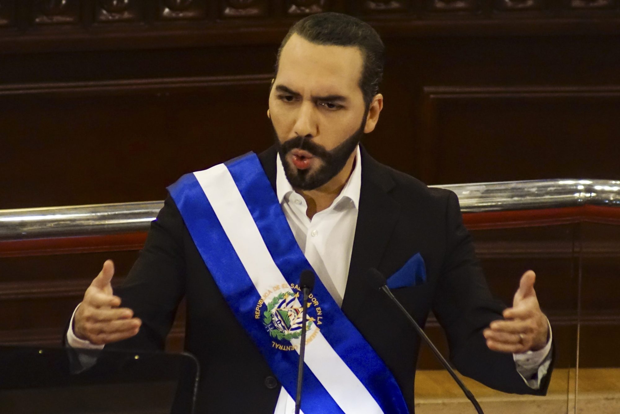 Salvadoran President Nayib Bukele gestures during a speech for his second anniversary in power on June 1, 2021 in San Salvador, El Salvador. Photo by Emerson Flores/APHOTOGRAFIA/Getty Images