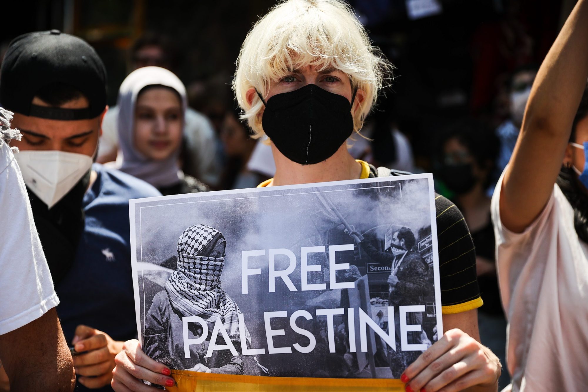 Hundreds are gathered in Bay Ridge of Brooklyn in New York City, United States on May 15, 2022 to demonstrate in support of Palestinians and commemorated to Palestinian-American journalist Shireen Abu Akleh who was killed by Israeli soldiers near Jenin Camp of West Bank in Palestine. Photo by Tayfun Coskun/Anadolu Agency via Getty Images