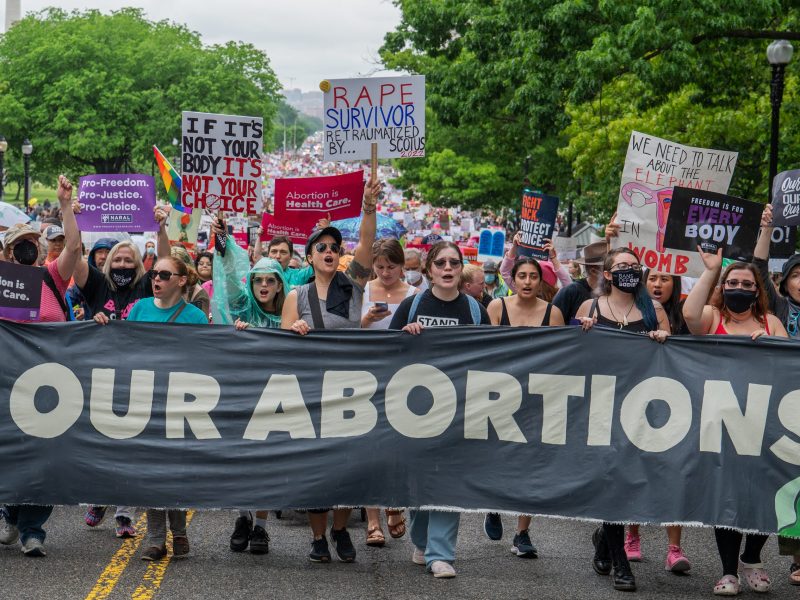 Thousands of demonstrators march to the US Supreme Court during the Bans Off Our Bodies abortion-rights rally in Washington, DC, on May 14, 2022.