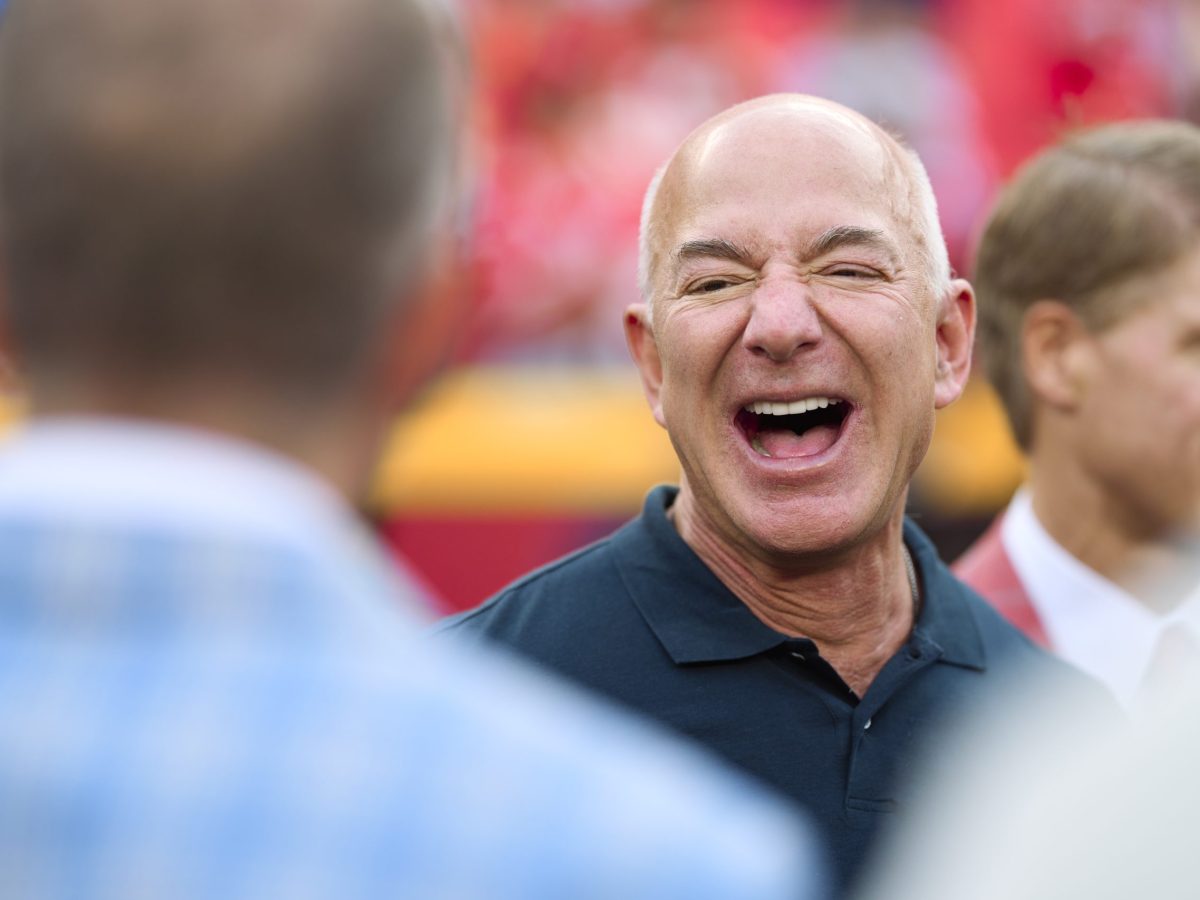 Jeff Bezos looks on from the sidlines before kickoff between the Kansas City Chiefs and Los Angeles Chargers at GEHA Field at Arrowhead Stadium on September 15, 2022 in Kansas City, Missouri. Photo by Cooper Neill/Getty Images