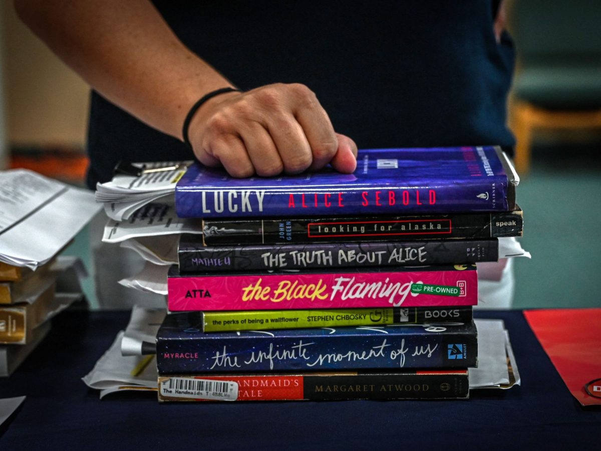 A woman's hand is seen resting on a stack of books deemed inappropriate for children by right wing activists. The books include: "The Handmaiden's Tale," "The Black Flamingo" and "The Truth About Alice." Some of the book title fonts are too small to read.