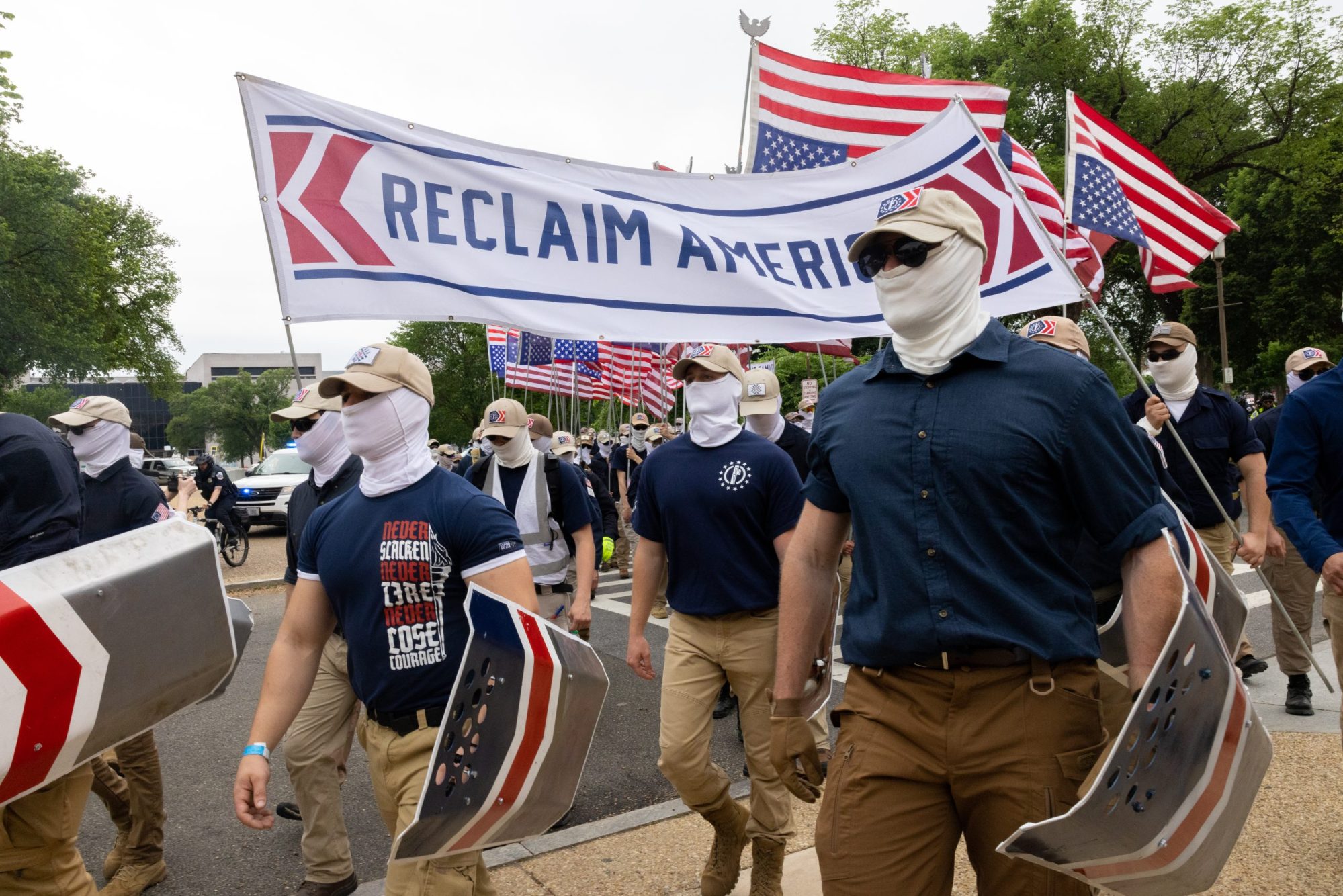 Members of the far-right group Patriot Front are seen marching through Washington, DC on May 13th, 2023. Photo by Nathan Posner/Anadolu Agency via Getty Images