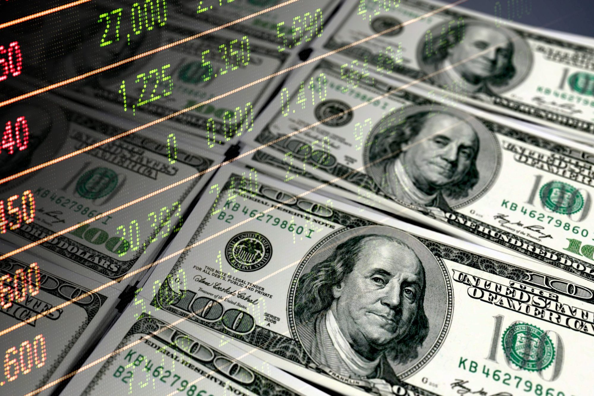 100 dollar bills and stock market data dashboard via Getty Images