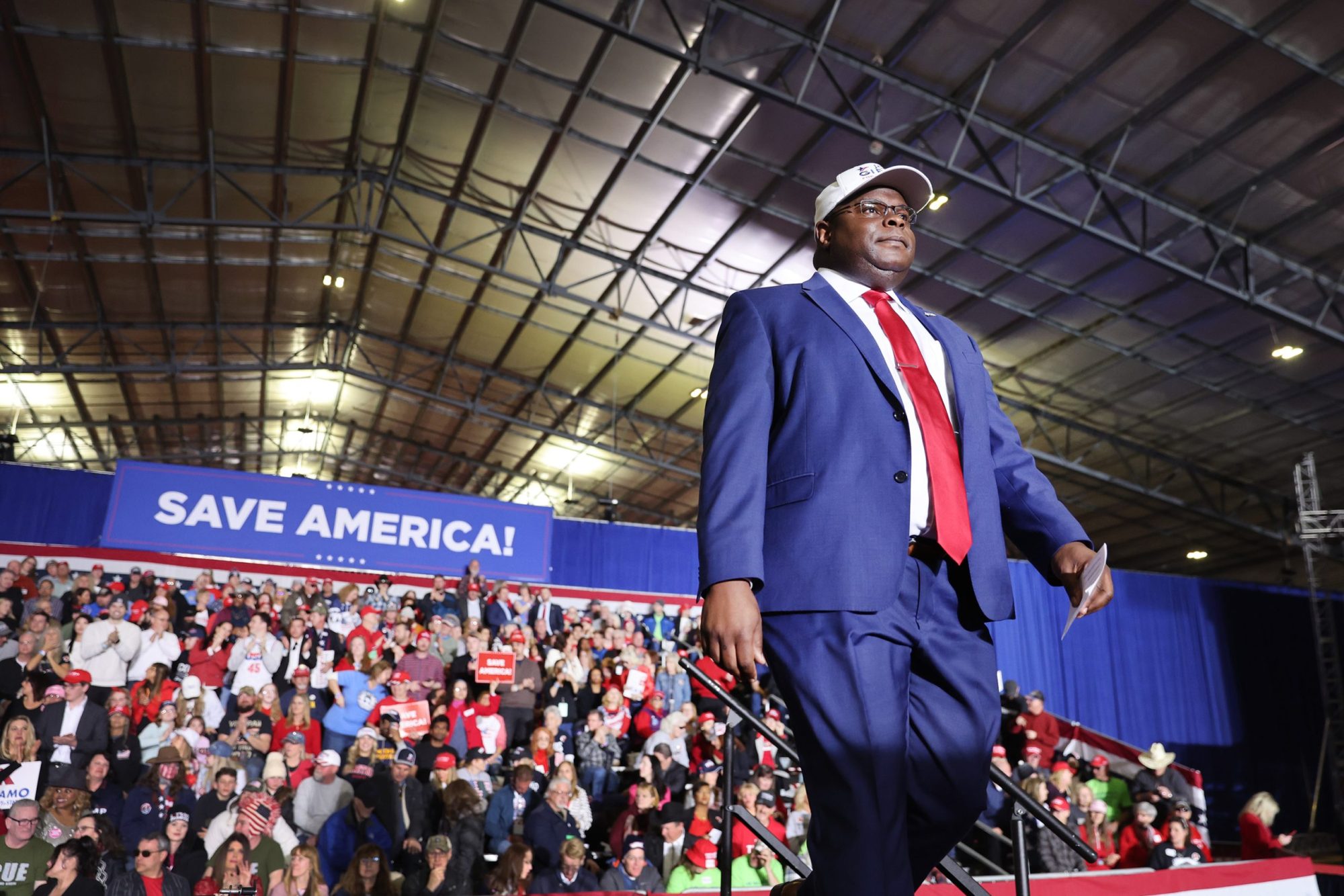 John Gibbs, a candidate for congress in Michigan's 3rd congressional district, speaks at a rally hosted by former President Donald Trump on April 02, 2022, near Washington, Michigan.