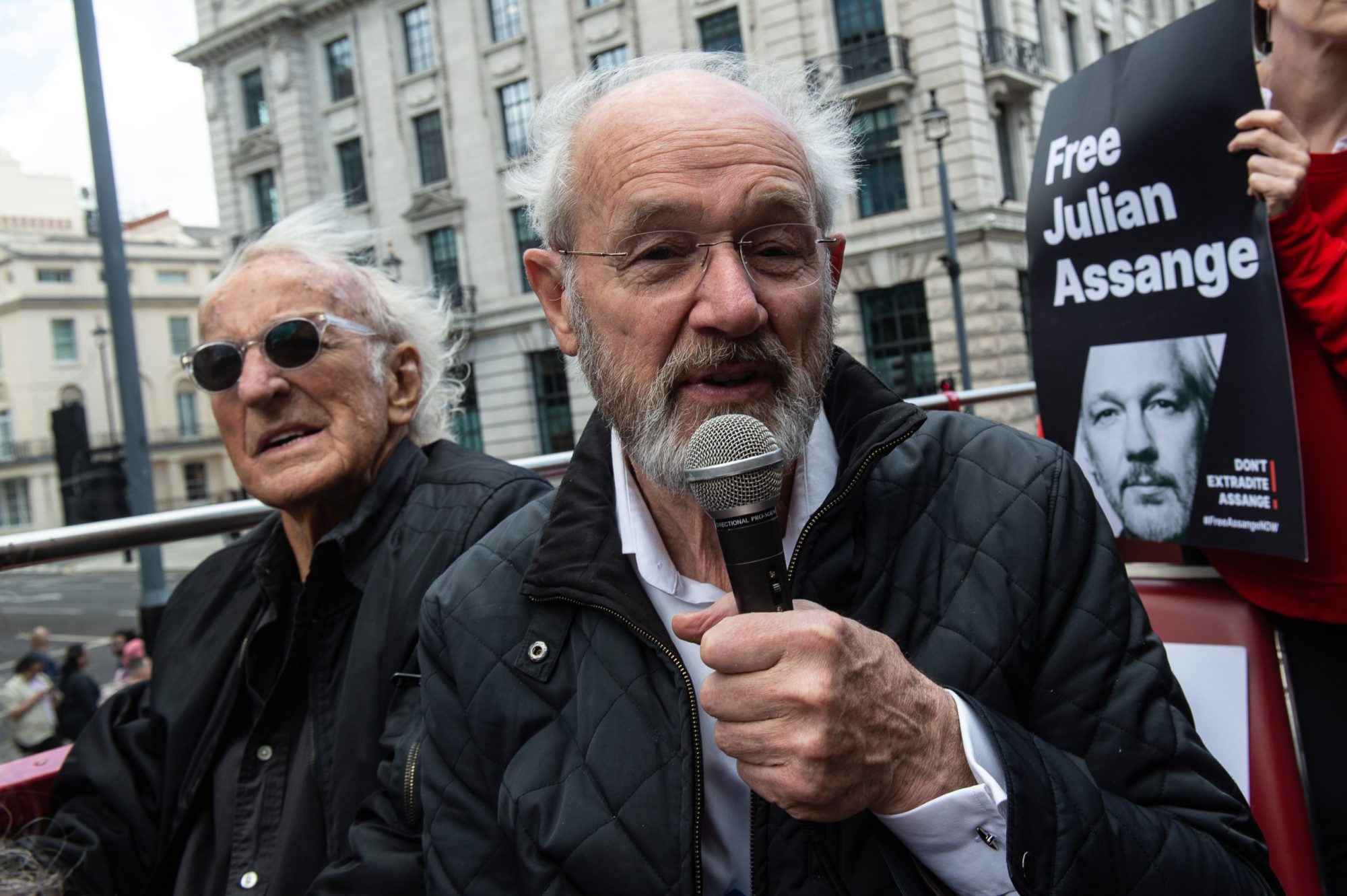 John Shipton, father of Julian Assange, addresses his supporters on July 1, 2022, in London, England.
