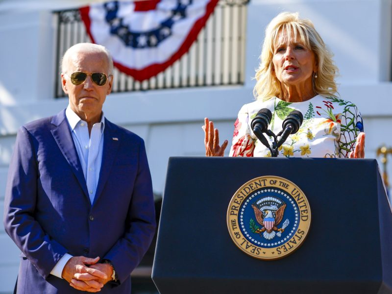 US first lady Jill Biden speaks as President Joe Biden looks on at the White House