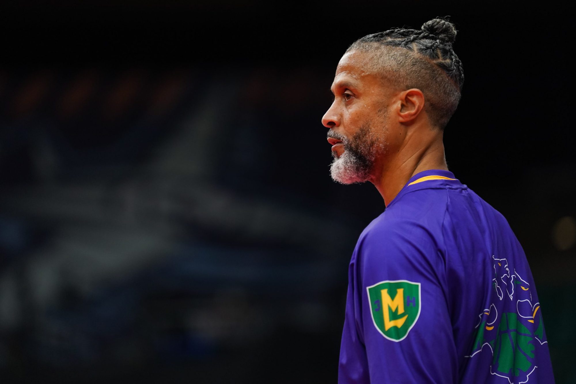 Mahmoud Abdul-Rauf #7 of the 3 Headed Monsters looks on during warmups prior to the game against the Enemies in BIG3 Week 4 at Comerica Center on July 10, 2022 in Frisco, Texas. Photo by Alex Bierens de Haan/Getty Images for BIG3