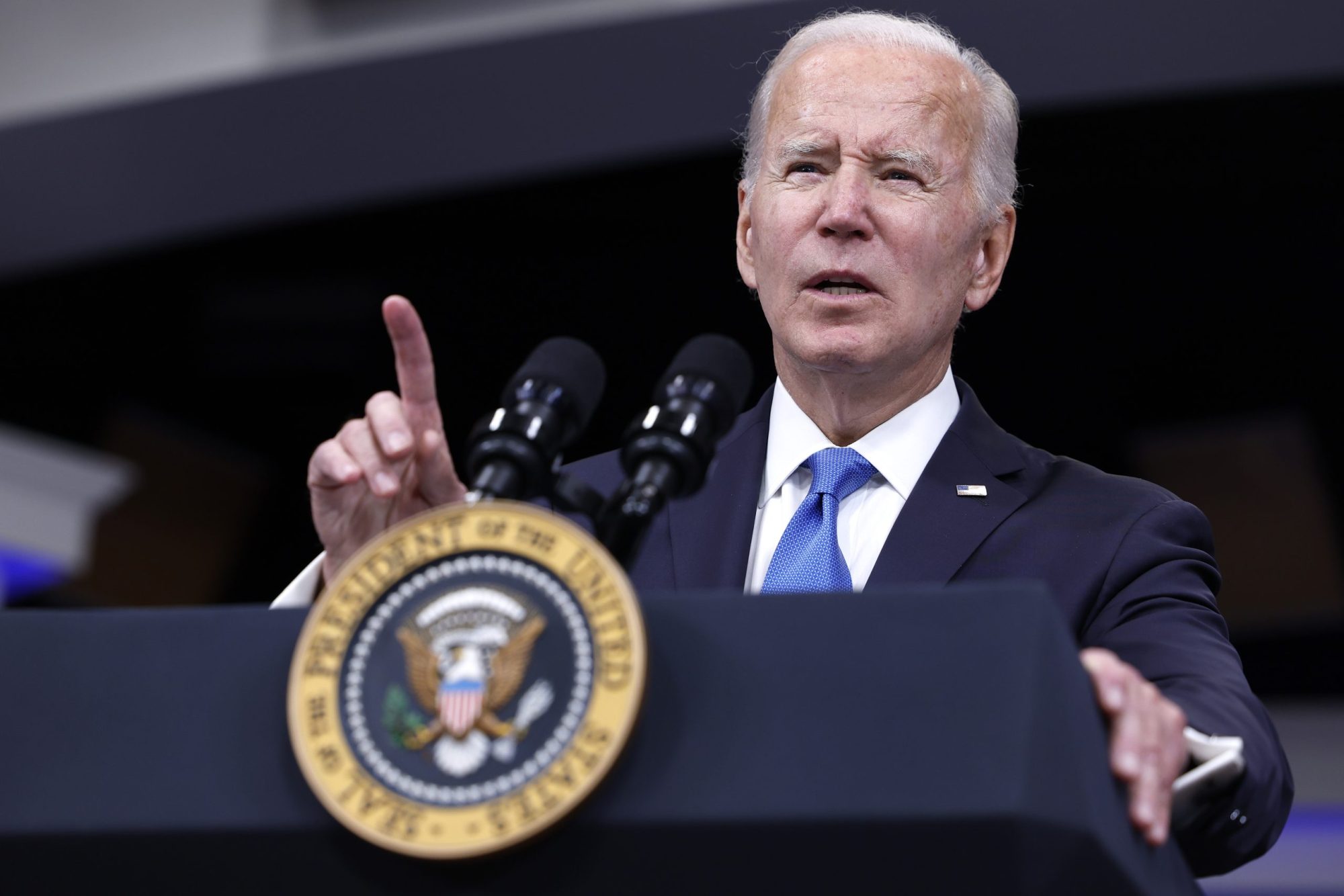 President Joe Biden gives remarks on the status of COVID-19 in the United States from the South Court Auditorium at the White House campus on Oct. 25, 2022, in Washington, DC.