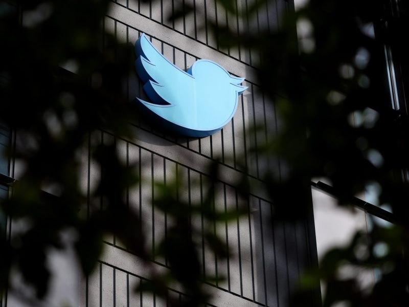 The Twitter logo is posted on the exterior of Twitter headquarters on Oct. 28, 2022, in San Francisco, California.