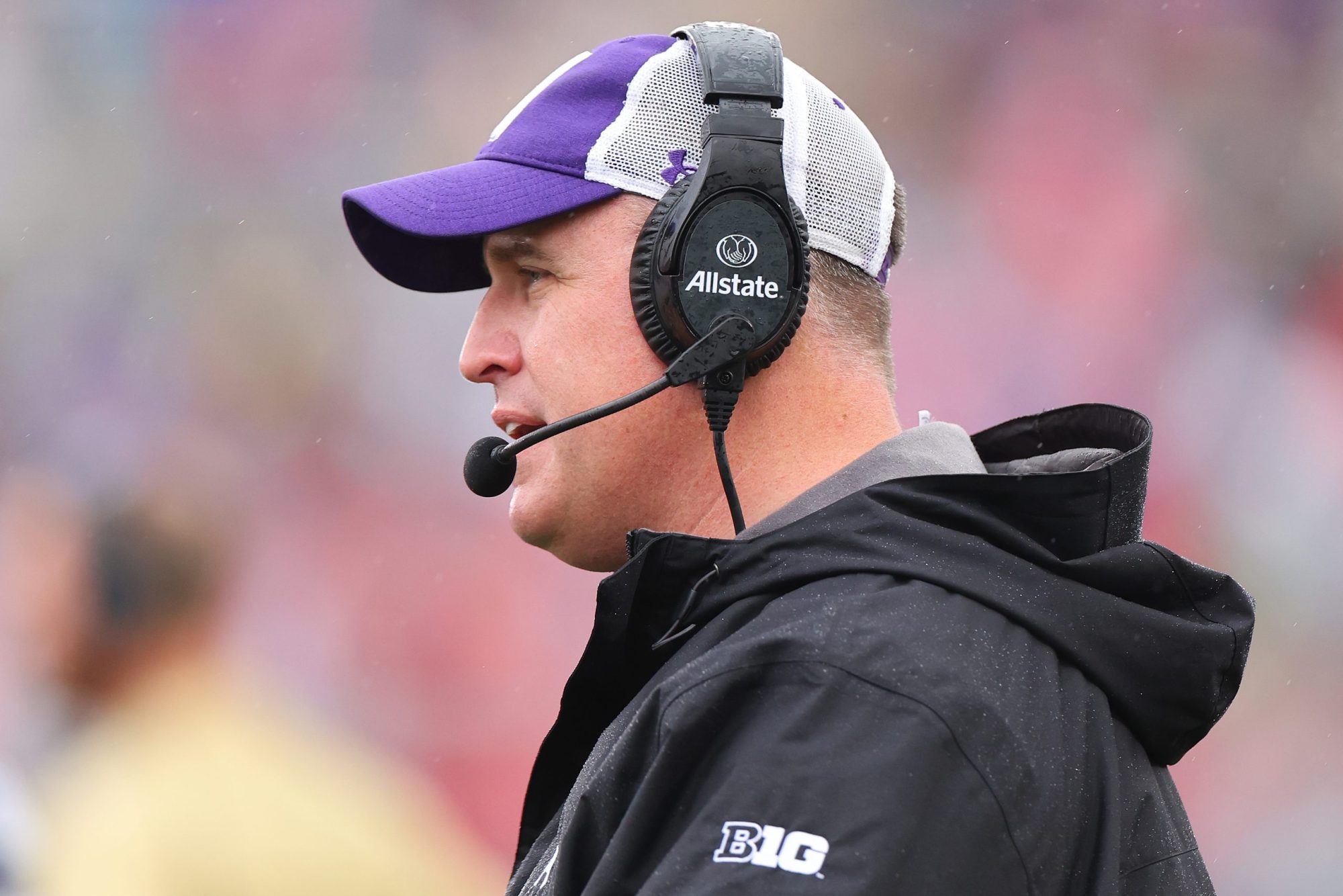 Head coach Pat Fitzgerald of the Northwestern Wildcats looks on against the Ohio State Buckeyes during the first half at Ryan Field on November 05, 2022 in Evanston, Illinois. Photo by Michael Reaves/Getty Images