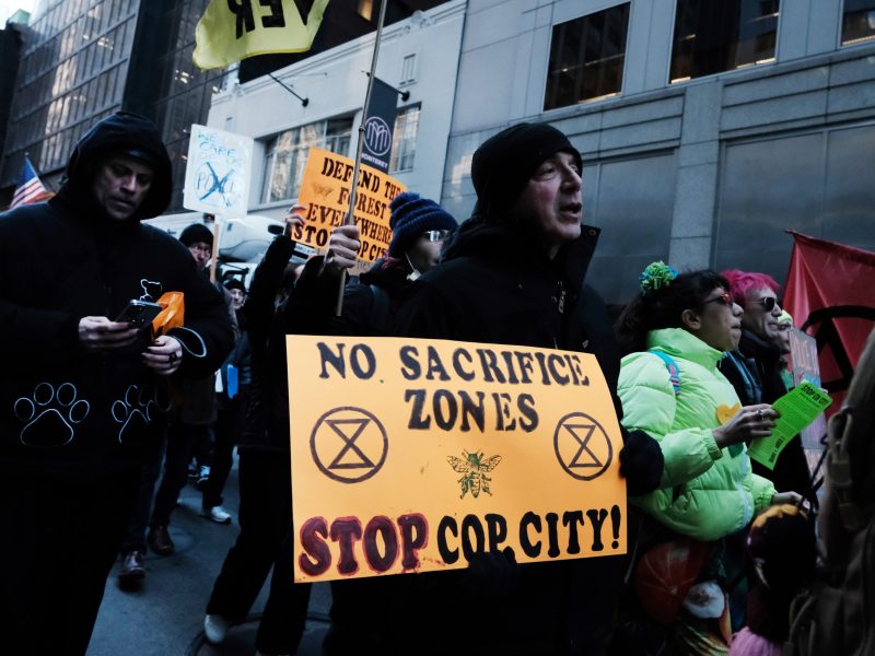 Activists participate in a protest against the proposed Cop City being built in an Atlanta forest on March 09, 2023 in New York City. Photo by Spencer Platt/Getty Images