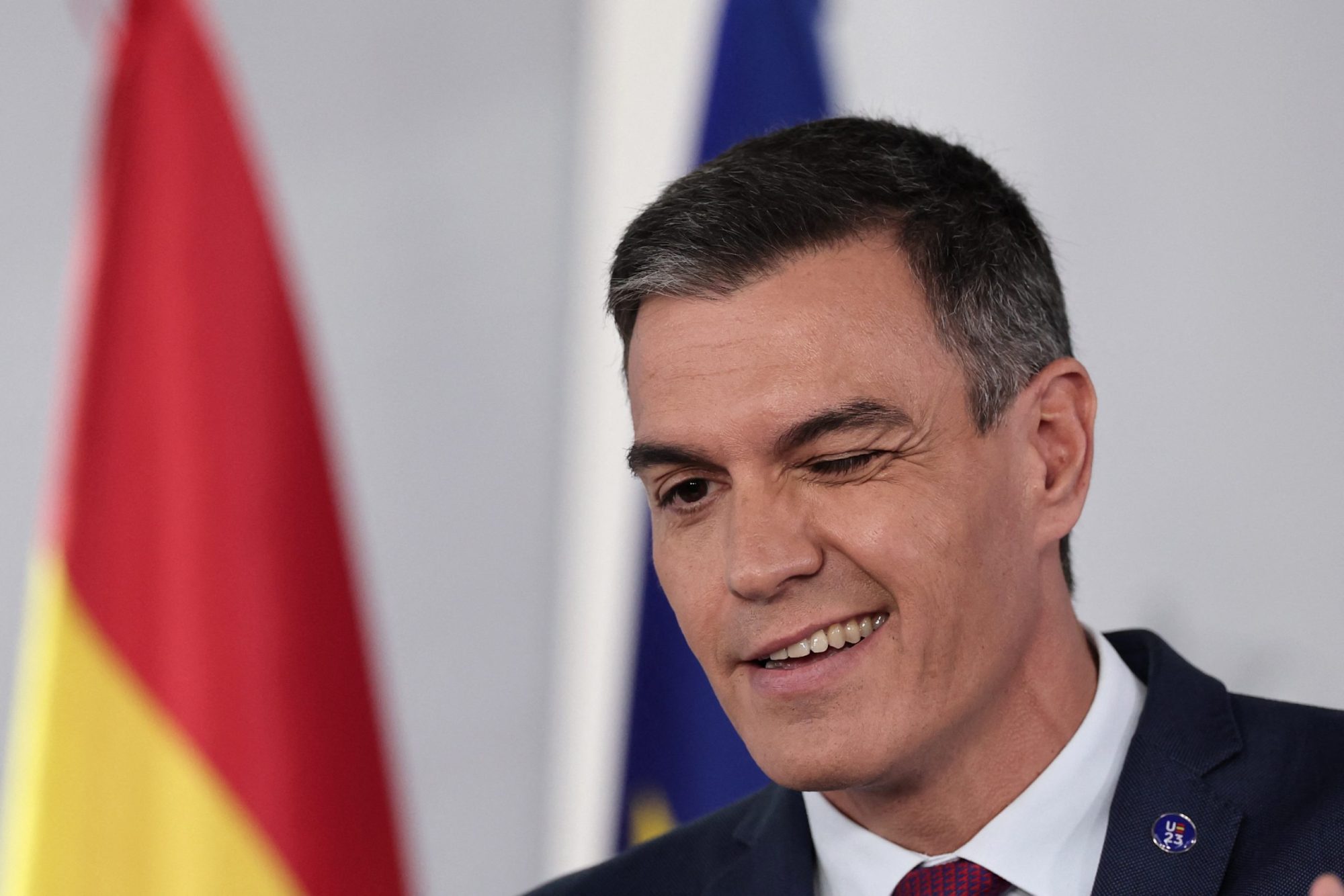 Spain's acting Prime Minister Pedro Sanchez gestures as he delivers a speech at La Moncloa Palace in Madrid on October 3, 2023 after meeting King Felipe VI as part of consultations aiming at proposing a new candidate for investiture. Photo by THOMAS COEX/AFP via Getty Images