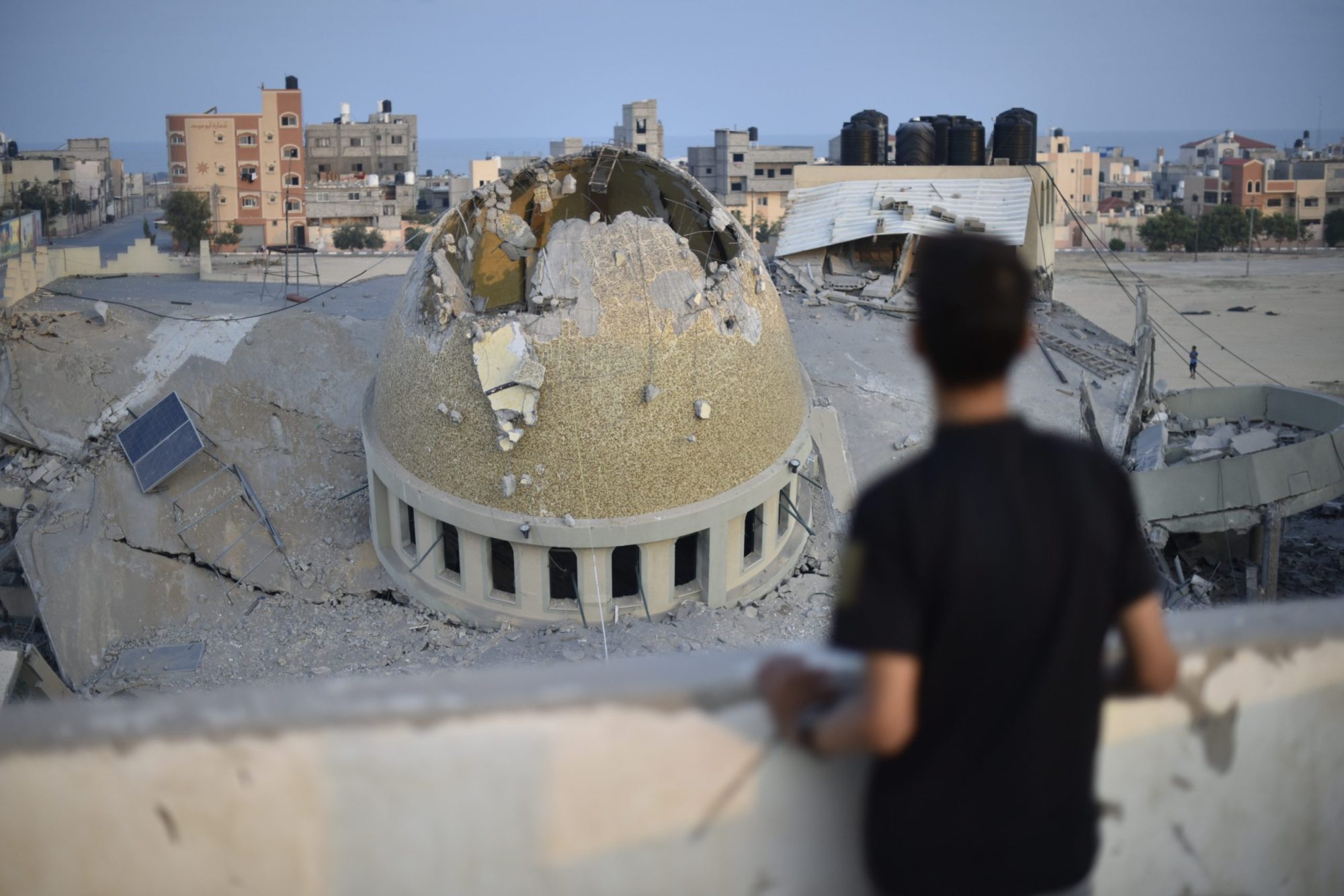 A view of destroyed Al Amin Muhammad Mosque hit by Israeli airstrike, in Khan Yunis, southern Gaza Strip on October 08, 2023. Photo by Abed Zagout/Anadolu Agency via Getty Images