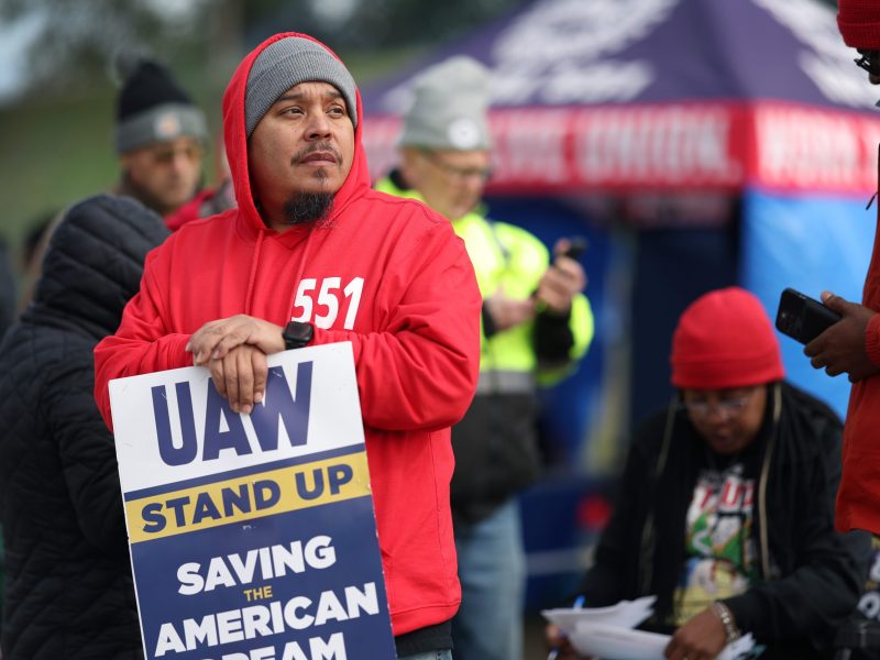 Workers picket outside of the Ford Assembly plant as the UAW strike against the Big Three U.S. automakers continues on October 10, 2023 in Chicago, Illinois. Photo by Scott Olson/Getty Images