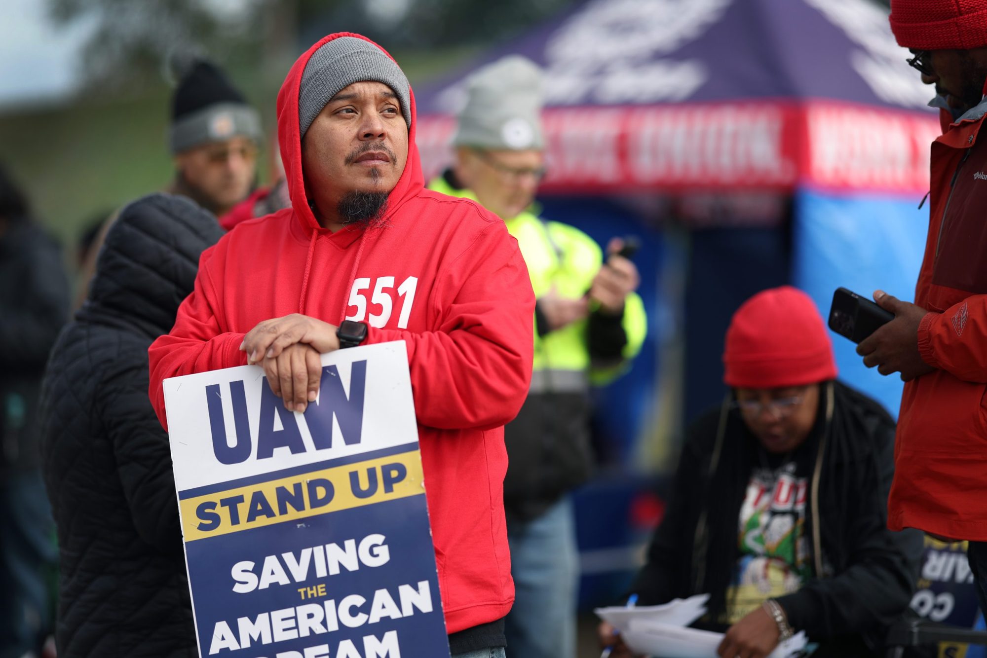 Workers picket outside of the Ford Assembly plant as the UAW strike against the Big Three U.S. automakers continues on October 10, 2023 in Chicago, Illinois. Photo by Scott Olson/Getty Images
