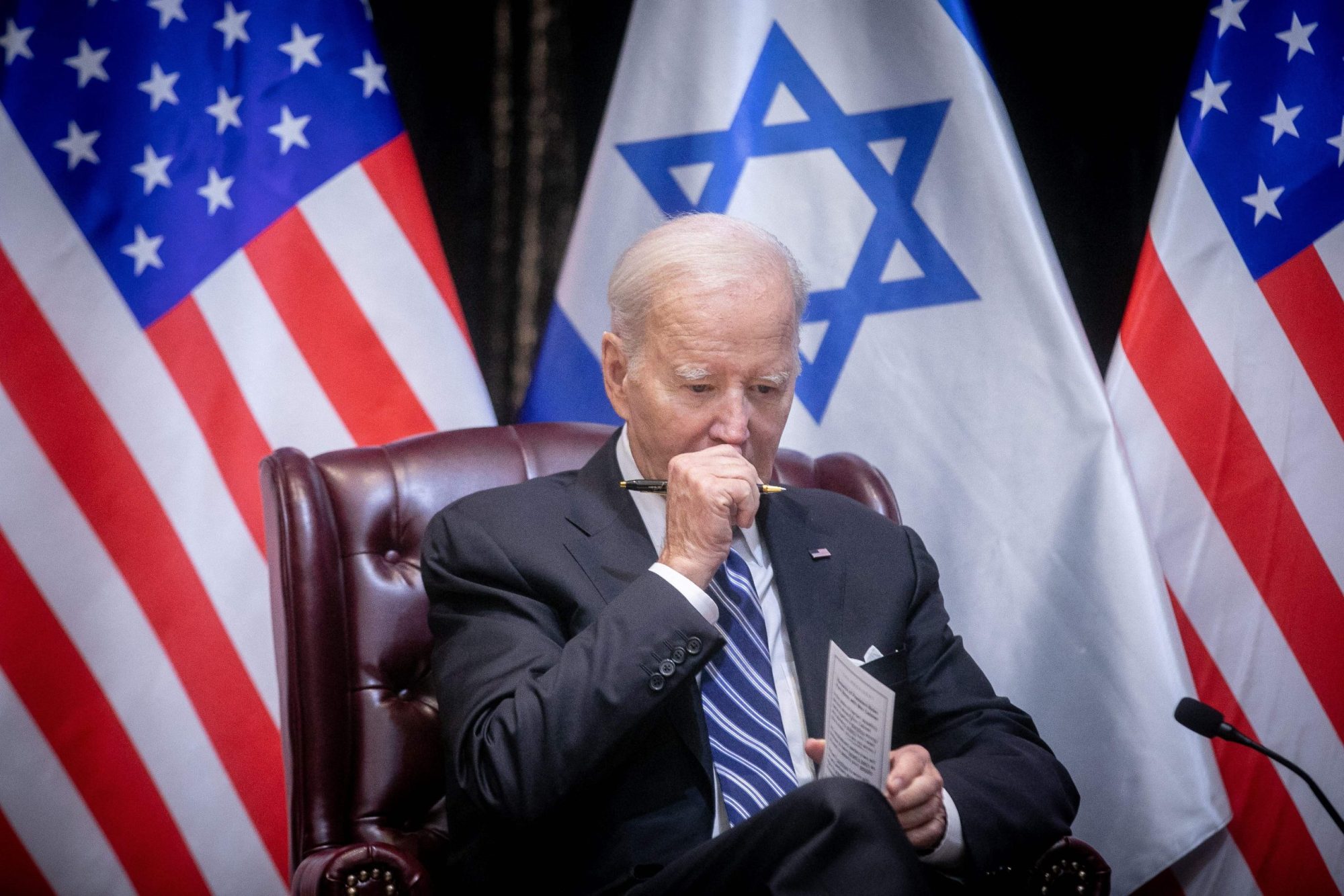 US President Joe Biden joins Israel's Prime Minister for the start of the Israeli war cabinet meeting, in Tel Aviv on October 18, 2023, amid the ongoing battles between Israel and the Palestinian group Hamas. Photo by MIRIAM ALSTER/POOL/AFP via Getty Images