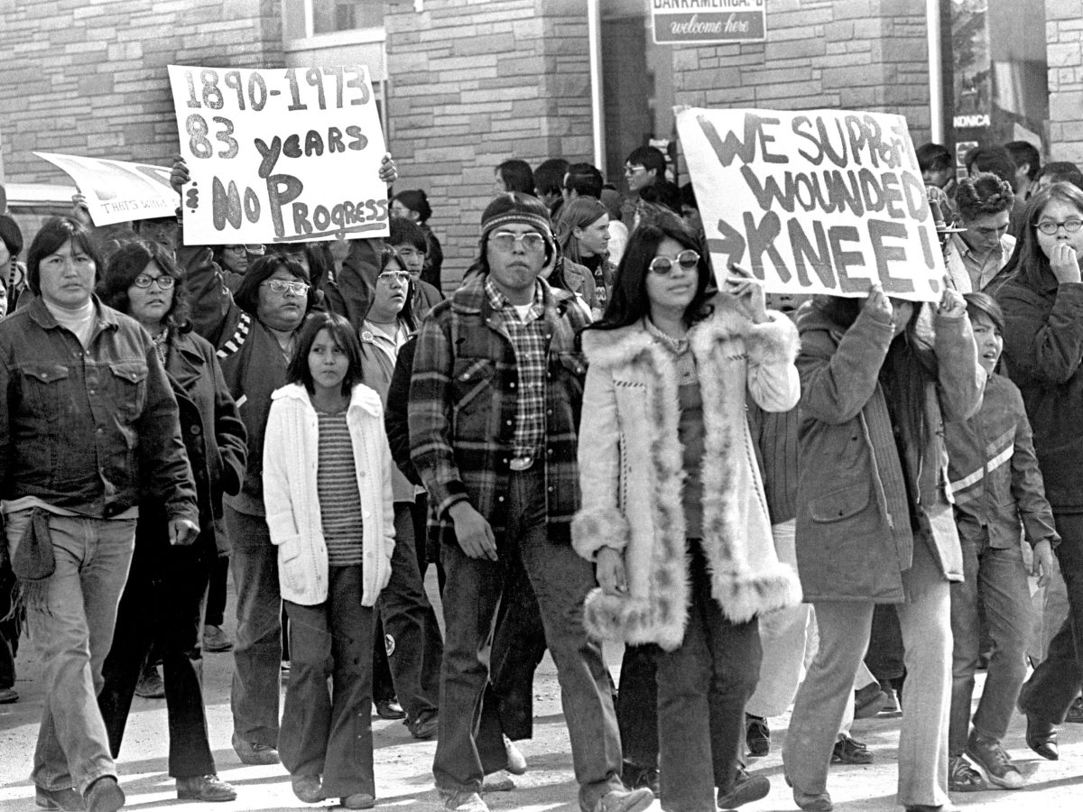 Protesters at the nonviolent Navajo Indian Protests of 1973, in Gallup, New Mexico, organized by AIM, the American Indian Movement, protesting the mistreatment of Navajo people by federal government agencies and law enforcement agencies, 1973. Photo By Buddy Mays/Getty Images