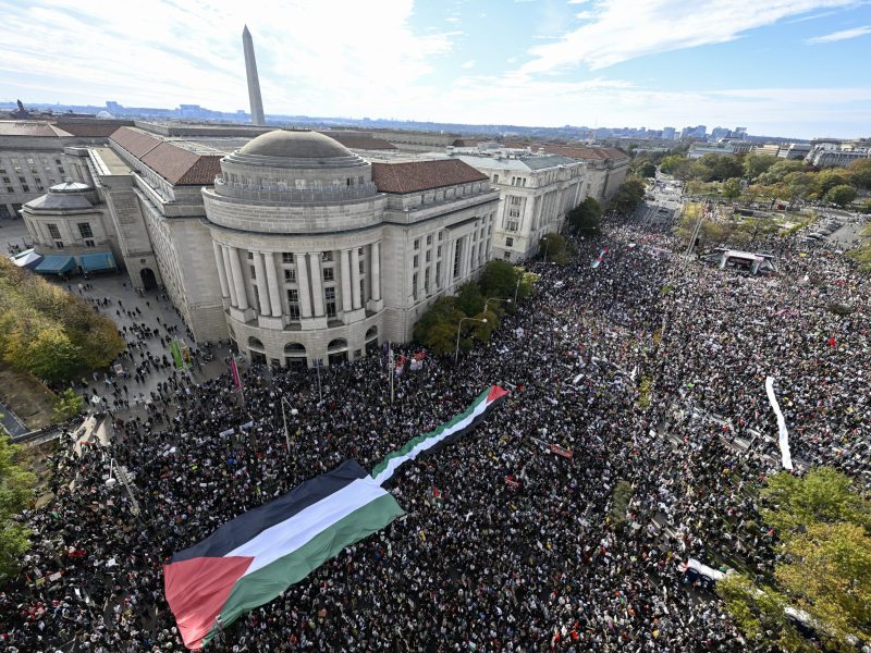 An aerial view of protestors at the Freedom Plaza on November 4, 2023 in Washington D.C. Protestors gathered to hold a pro-Palestinian rally and condemn the Israeli attacks on Gaza. Photo by Celal Gunes/Anadolu via Getty Images