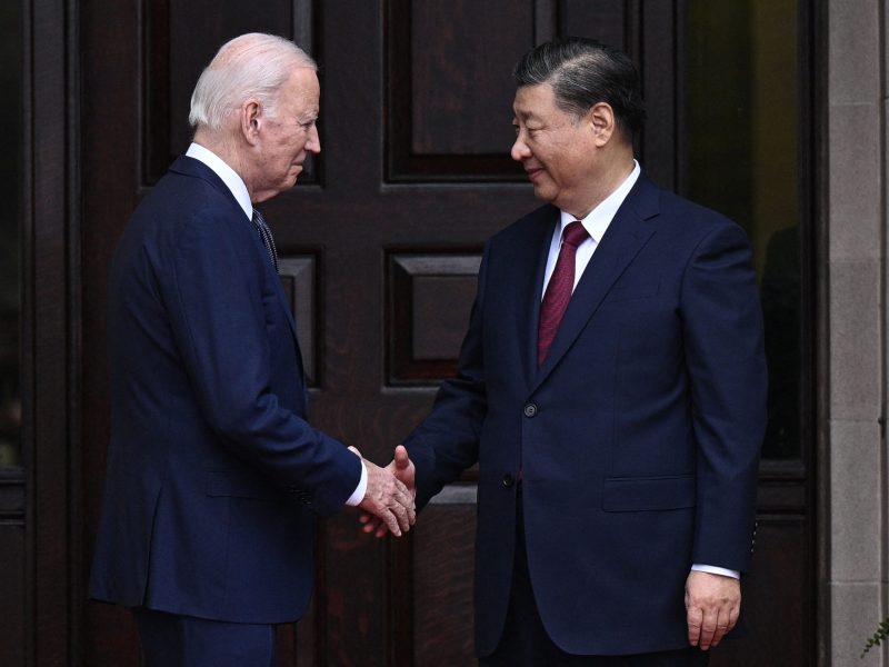 US President Joe Biden greets Chinese President Xi Jinping before a meeting during the Asia-Pacific Economic Cooperation (APEC) Leaders' week in Woodside, California, on Nov. 15, 2023.