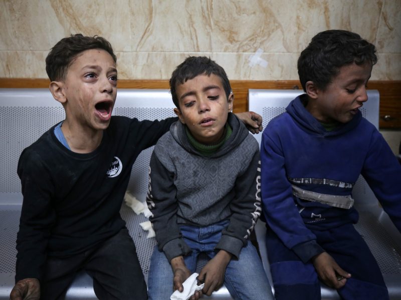 Children who are victims of the Israeli raids on Deir al-Balah in the central Gaza Strip are reacting at Al-Aqsa Hospital in Deir al-Balah, Gaza, on December 2, 2023, amid ongoing battles between Israel and the armed Hamas movement.Photo by Majdi Fathi/NurPhoto via Getty Images