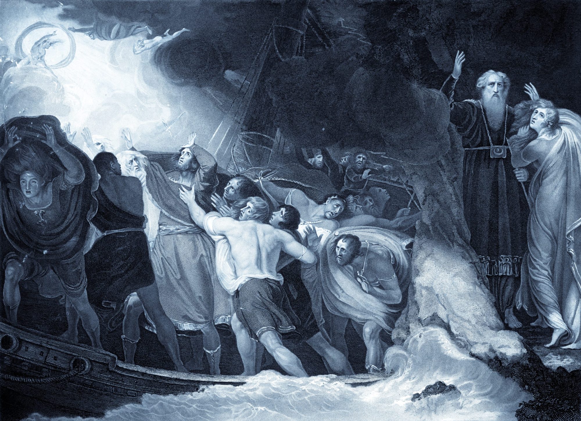 Vintage engraving of the first act and scene of Shakespeare's play, The Tempest.