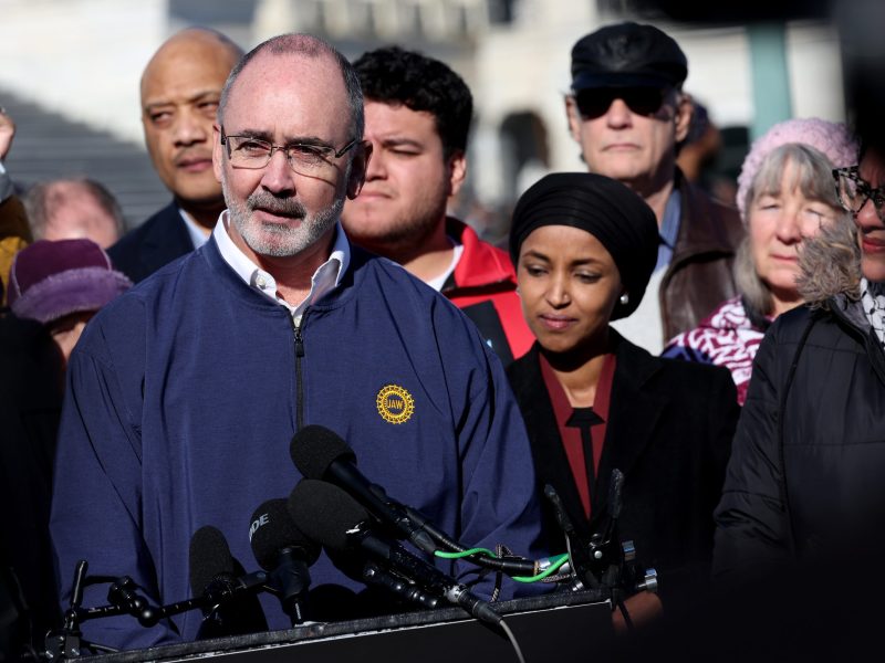 Shawn Fain, President of the United Automobile Workers, joins lawmakers at a press conference calling for a ceasefire in the Middle East outside of the U.S. Capitol on December 14, 2023 in Washington, DC. Photo by Kevin Dietsch/Getty Images