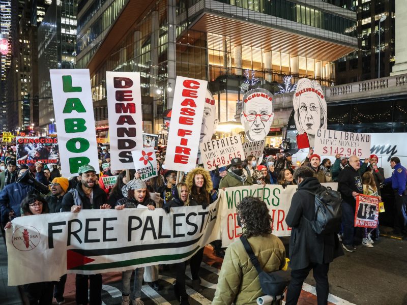 Thousands of pro-Palestine Americans march from Bryant Park to the American Israel Public Affairs Committee (AIPAC) Headquarters in New York City, led by labor unions calling for a ceasefire on December 21, 2023 in New York, United States. Photo by Selcuk Acar/Anadolu via Getty Images
