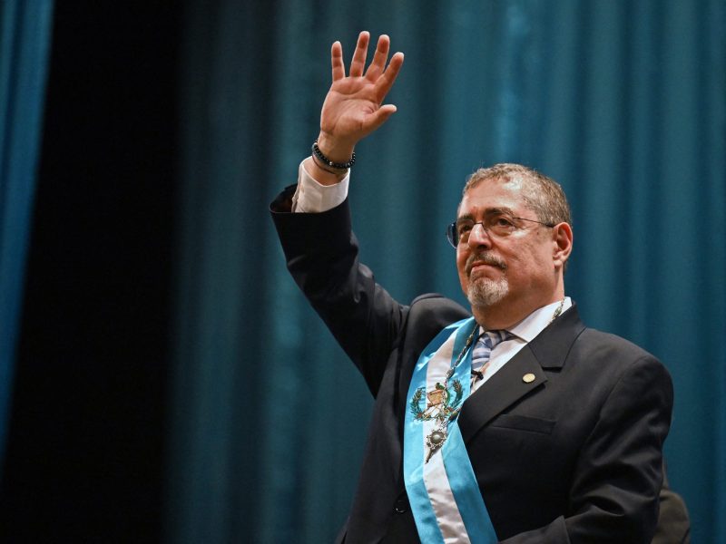 Guatemala's new President Bernardo Arevalo waves after swearing in during his inauguration ceremony at the Miguel Angel Asturias Cultural Centre in Guatemala City, early on January 15, 2024. Photo by JOHAN ORDONEZ/AFP via Getty Images