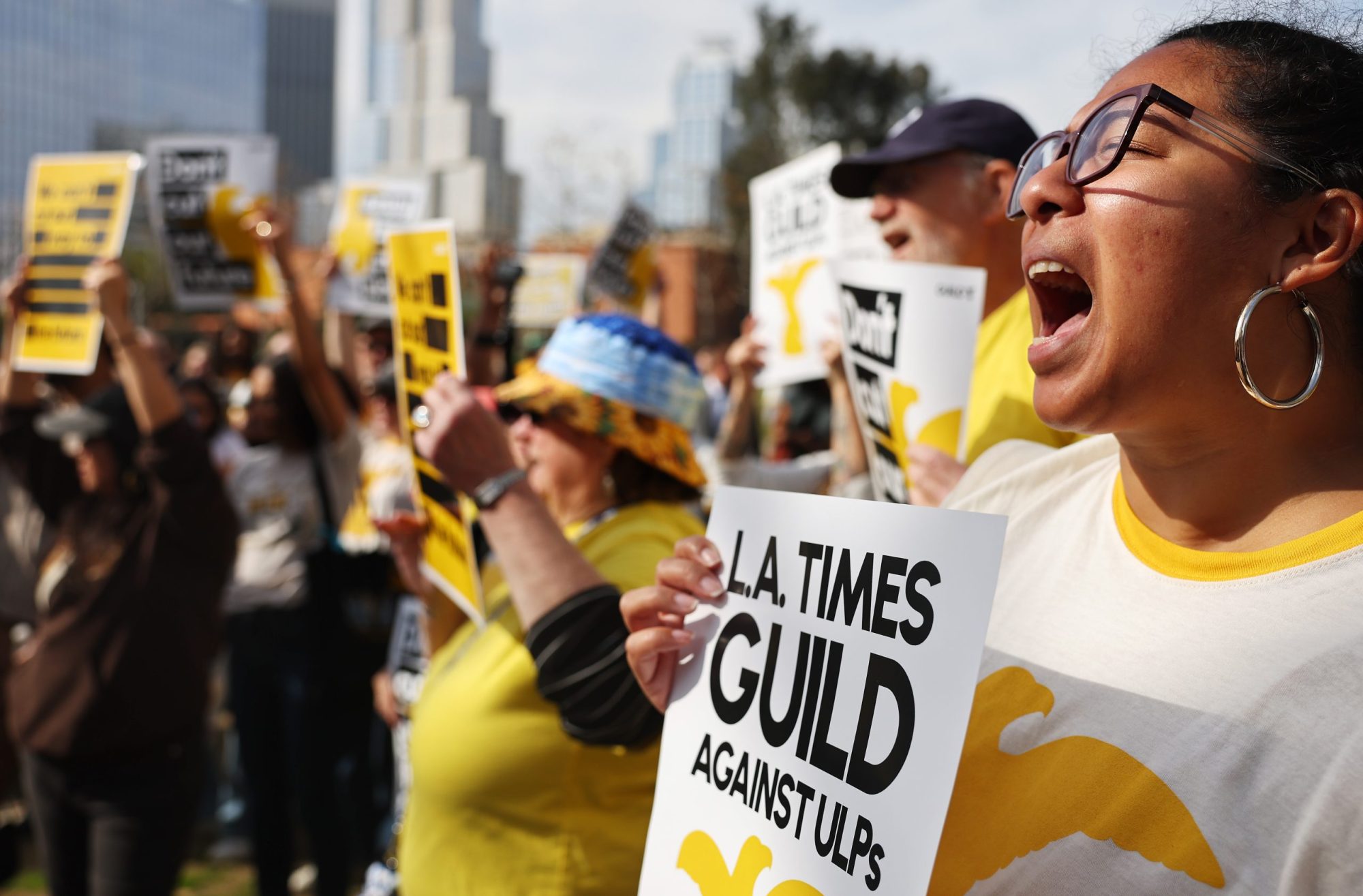 Los Angeles Times Guild members rally outside City Hall against ‘significant’ imminent layoffs at the Los Angeles Times newspaper during a one-day walkout on January 19, 2024 in Los Angeles, California. Photo by Mario Tama/Getty Images