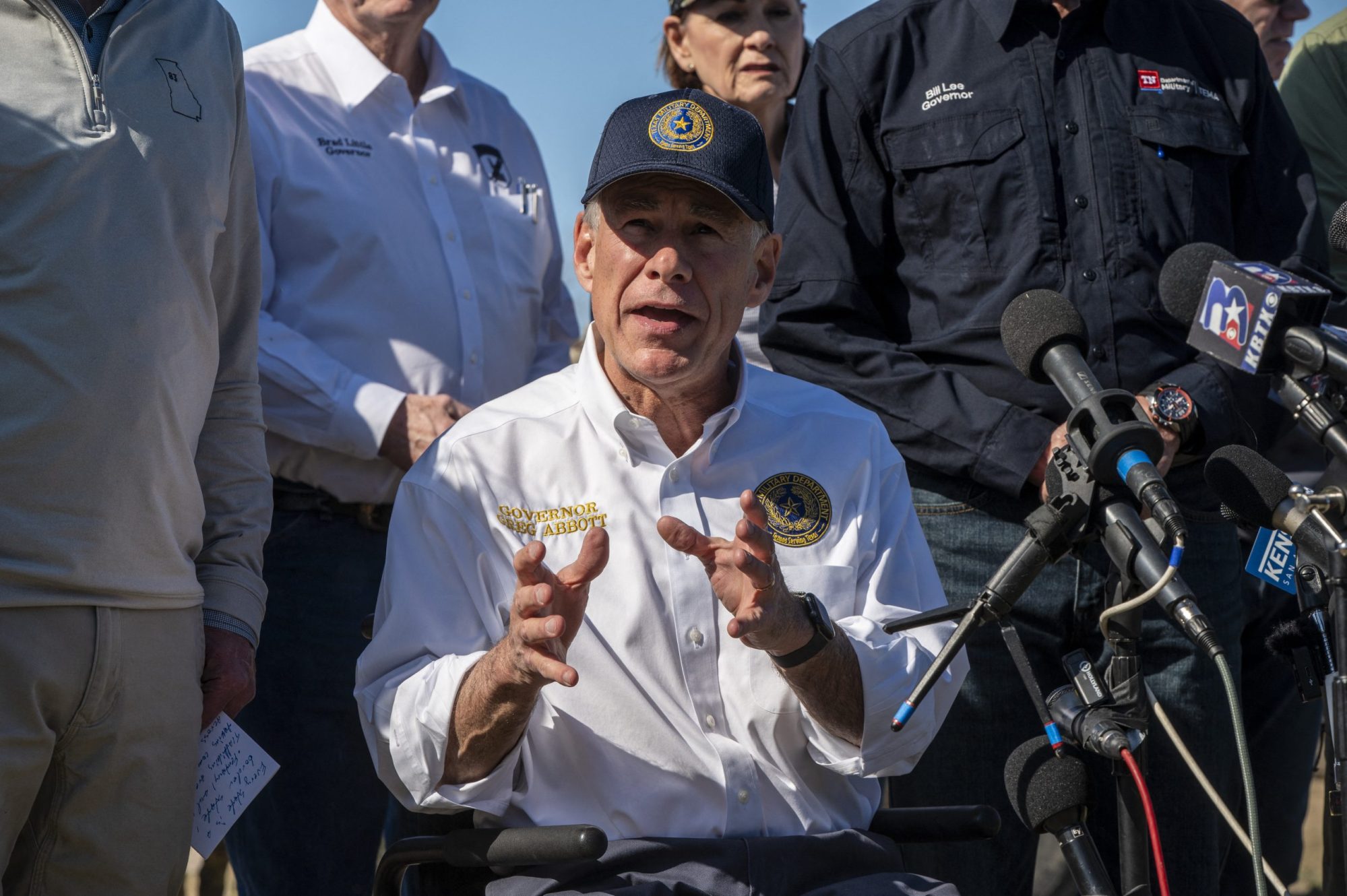 Texas Governor Greg Abbott holds a press conference at Shelby Park in Eagle Pass, Texas, on February 4, 2024. Photo by SERGIO FLORES/AFP via Getty Images