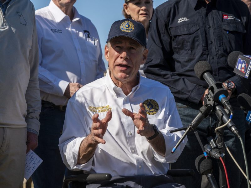 Texas Governor Greg Abbott holds a press conference at Shelby Park in Eagle Pass, Texas, on February 4, 2024. Photo by SERGIO FLORES/AFP via Getty Images