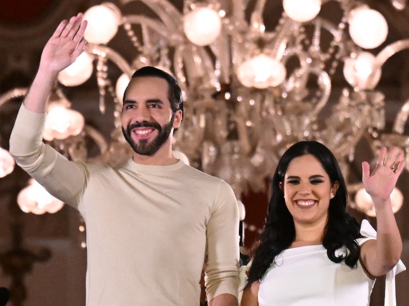 Salvadoran President Nayib Bukele greets supporters next to his wife Gabriela Rodriguez after the presidential and legislative elections in San Salvador on February 4, 2024. Photo by MARVIN RECINOS/AFP via Getty Images