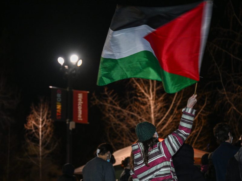 Hundreds of demonstrators gather with banners in support of the pro-Palestinian students following the ban on the students' 116-day sit-in at White Plaza of Stanford University in Stanford, California, on February 12, 2024. Photo by Tayfun Coskun/Anadolu via Getty Images