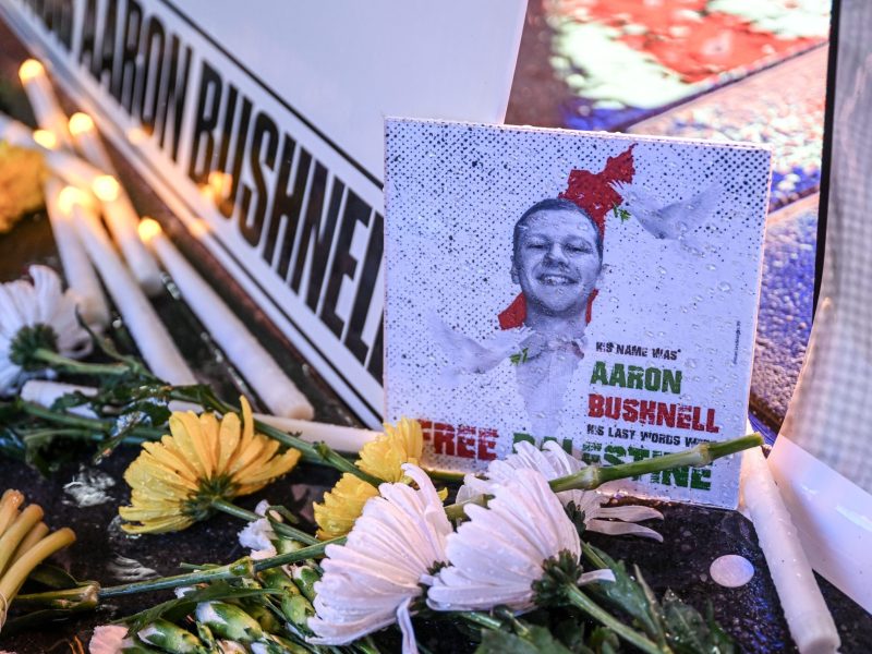 Hundreds of people, including Jews, gather in front of the Israeli Embassy to collectively mourn the US airman Aaron Bushnell, 25, an active-duty member of the US Air Force, who died after setting himself ablaze in protest of Israel's ongoing war in Gaza. Photo by Fatih Aktas/Anadolu via Getty Images