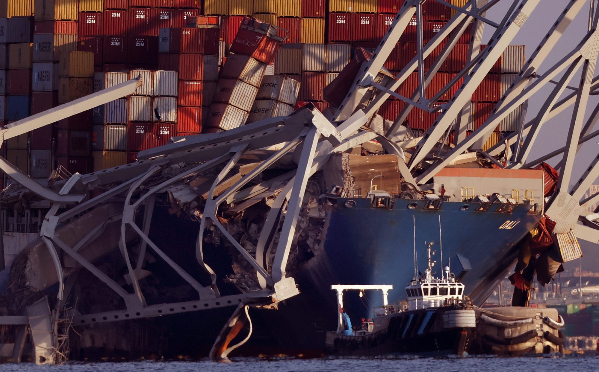 Wreckage from the Francis Scott Key Bridge rests on the Dali cargo ship on March 29, 2024 in Baltimore, Maryland. Photo by Kevin Dietsch/Getty Images
