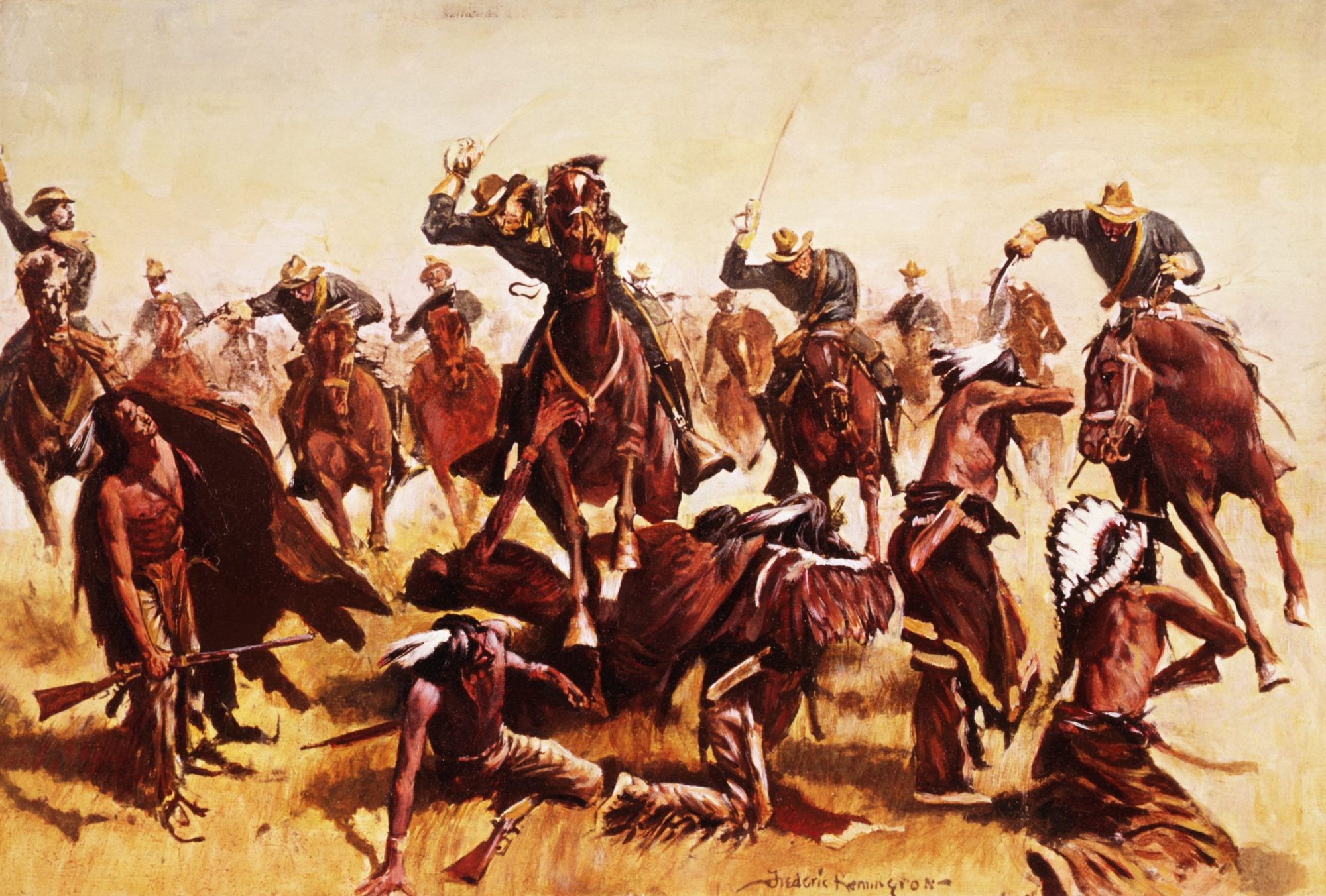 The painting shows Custer and his men on horses slaughtering Native Americans who are on the ground.