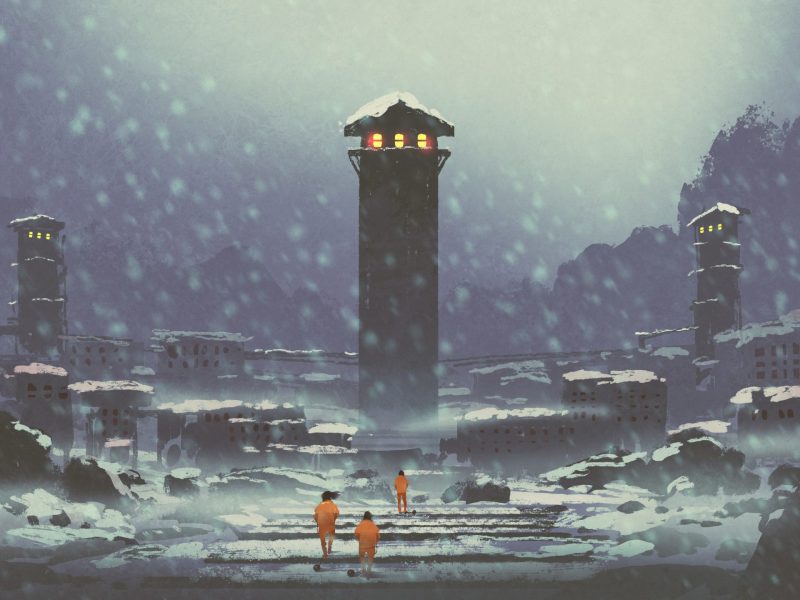 Illustration of three prisoners walking on the grounds of an abandoned prison in winter (digital art style, illustration painting).