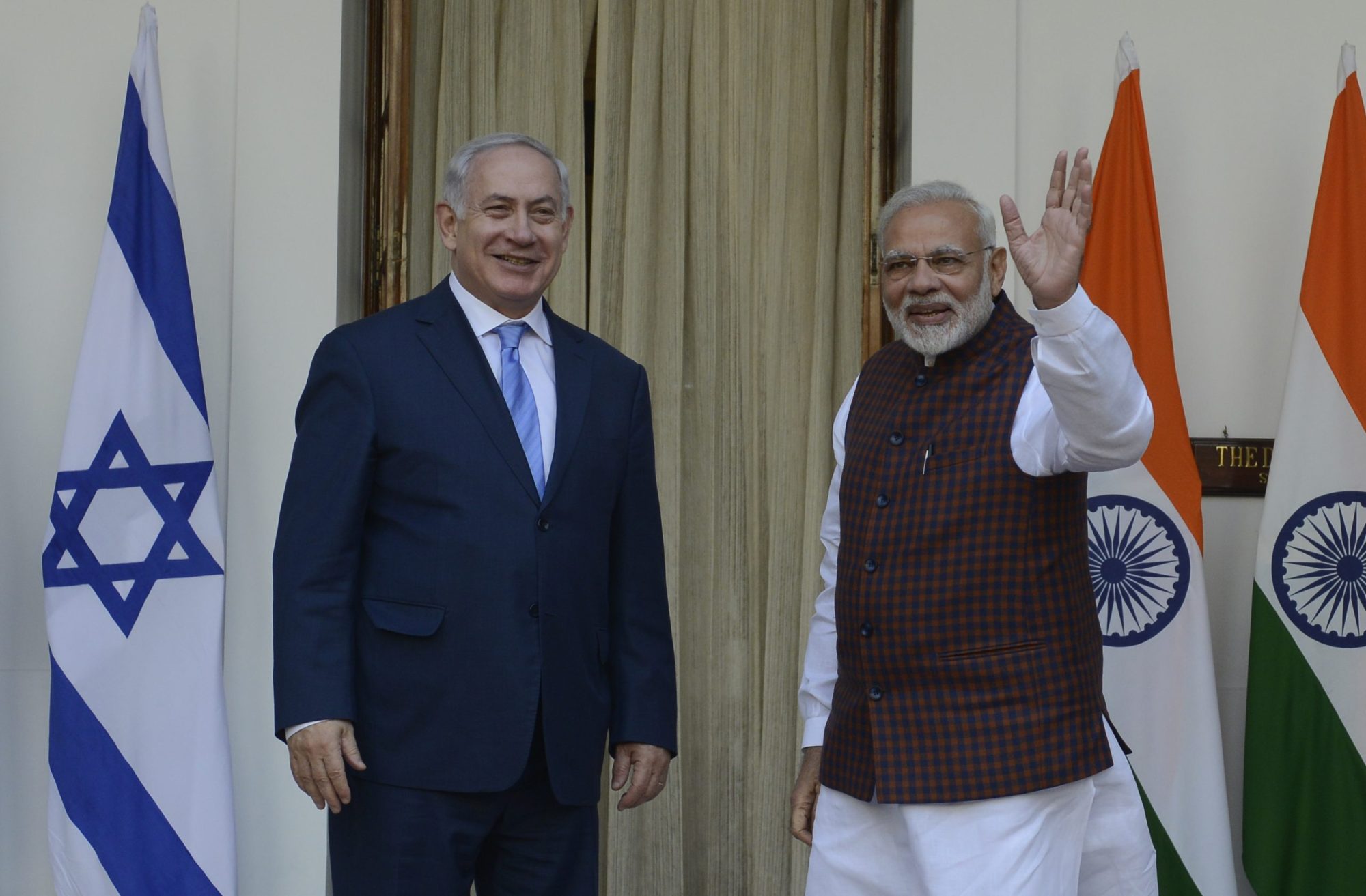 Prime Minister Narendra Modi with his Israeli counterpart Benjamin Netanyahu during a press conference at Hyderabad House in New Delhi. Photo by Pankaj Nangia/The India Today Group via Getty Images