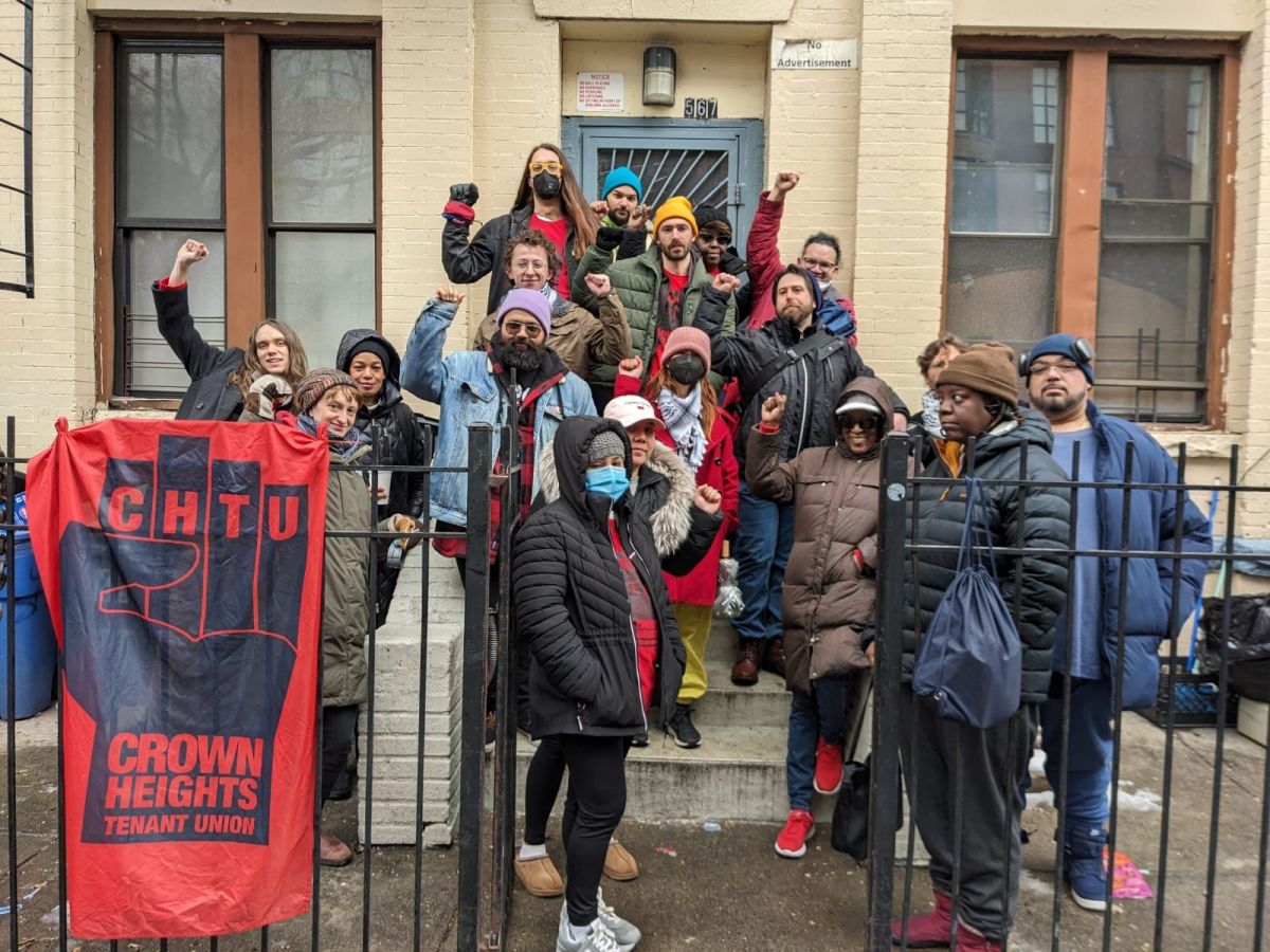 Crown Heights Tenant Union rallies with the tenants at 567 St. Johns Place in Crown Heights, Brooklyn, who are fighting for renovations, emergency repairs, and legally-mandated leases.