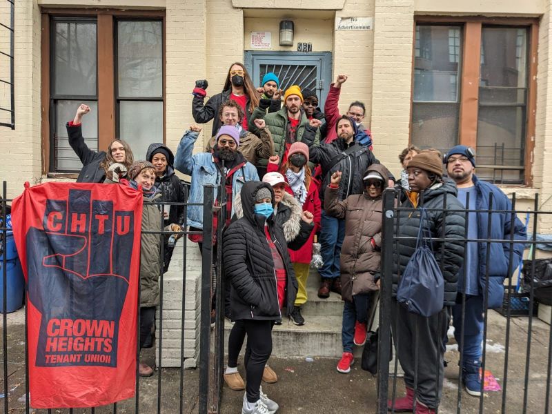 Crown Heights Tenant Union rallies with the tenants at 567 St. Johns Place in Crown Heights, Brooklyn, who are fighting for renovations, emergency repairs, and legally-mandated leases.