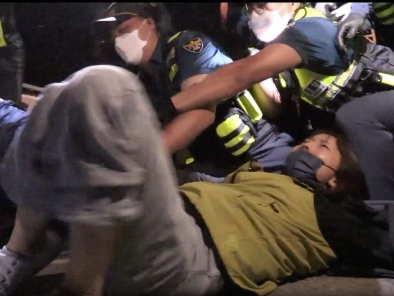 A South Korean protestor nonviolently resists arrests by police during a sit-in against the construction of the US military's THAAD missile system. Screenshot taken from video by Son So-hee and Min.