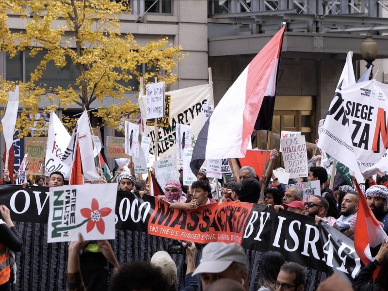 After hours of speeches and chants in Freedom Plaza for the Free Palestine! National March on Washington, which over 100,000 people attended on Sat., Nov 4, demonstrators begin to march toward the White House holding signs calling for an immediate ceasefire, an end to US aid to Israel, and an end to Israel's bombing of Gaza and violent Occupation of Palestine. Photo taken by Jaisal Noor on Sat., Nov 4.