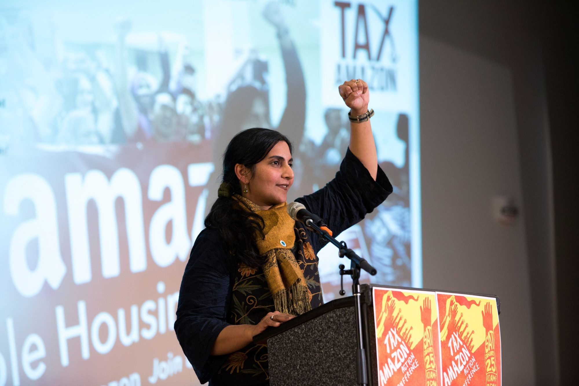 Seattle City Councilmember Kshama Sawant addresses supporters during her inauguration and "Tax Amazon 2020 Kickoff" event in Seattle, Washington on January 13, 2020.